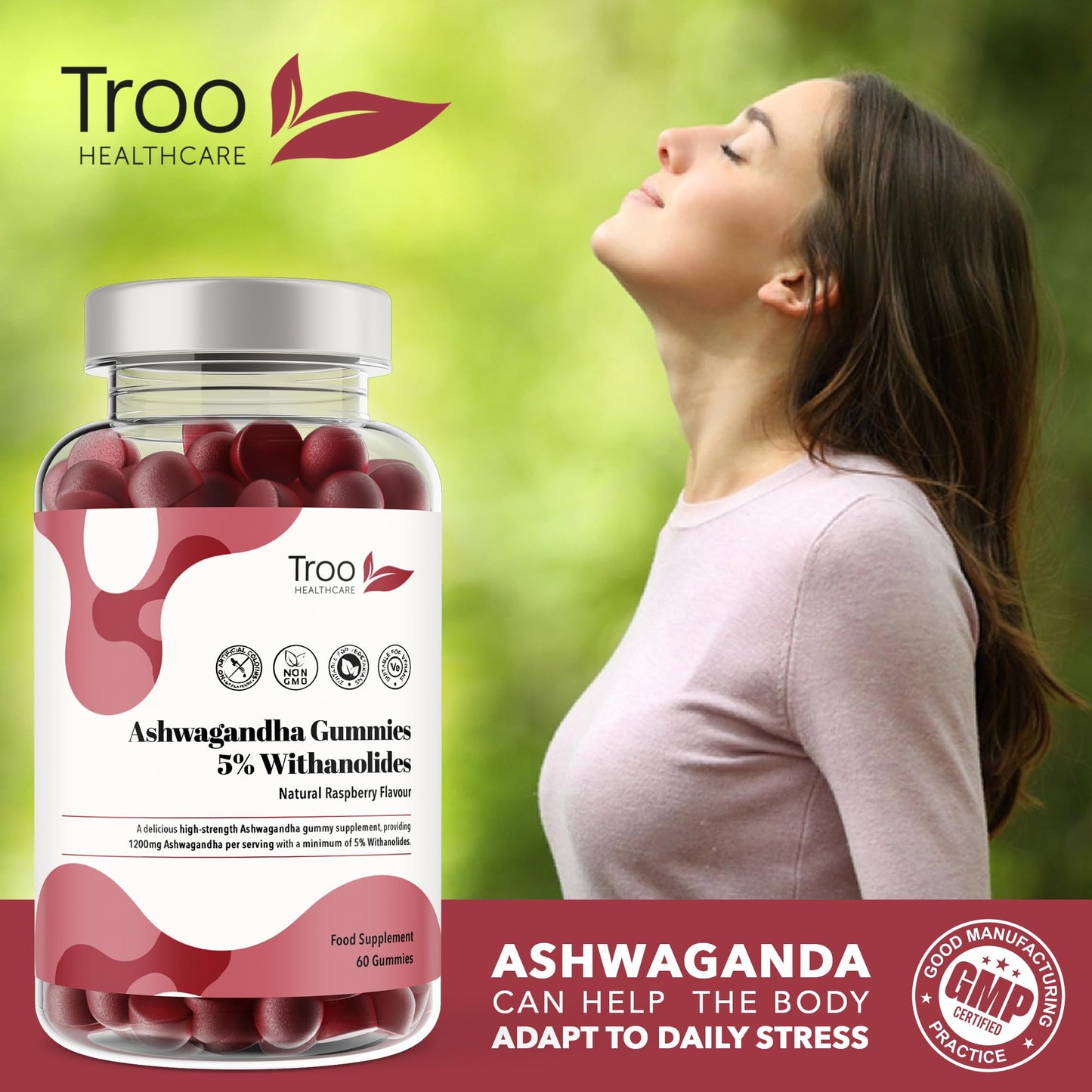 Troo Health Care Ashwagandha Gummies 1200mg - 60 Delicious Natural Raspberry Flavour Gummy Chewables - Ashwagandha Root Extract Supplement with 5% Withanolides - Vegan & Gluten-Free