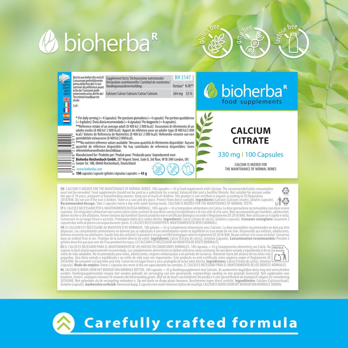 Calcium Citrate 330 mg – 100 Capsules | High-Absorption Supplement for Bones, Teeth, and Muscle Function by BIOHERBA