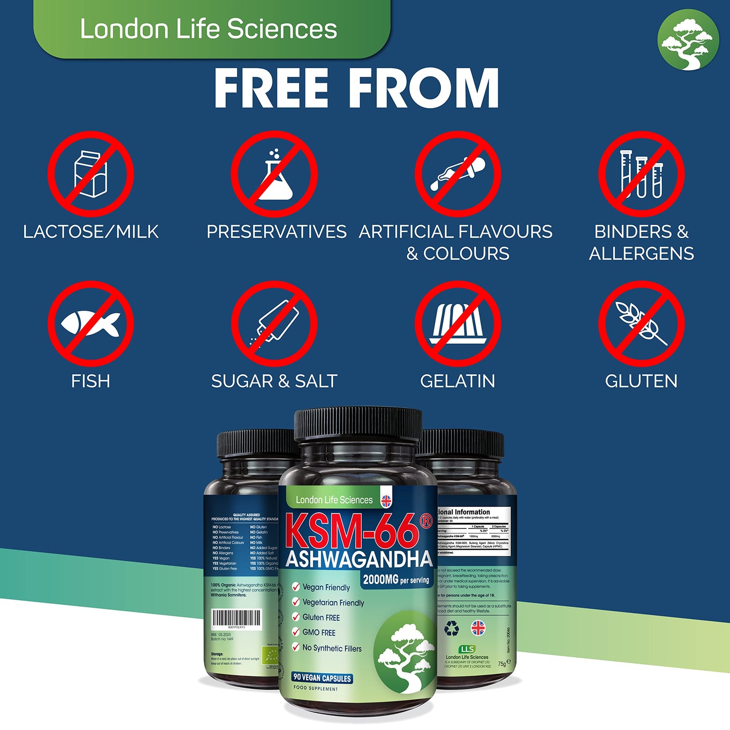 LONDON LIFE SCIENCES London Life Sciences® Organic Vegan Ashwagandha KSM-66® 90 Capsules - (Highest Concentration) 2000mg Servings & 5% Withanolides - Best Bioavailability Enhanced KSM 66 + Withania Somnifera (Made in UK)