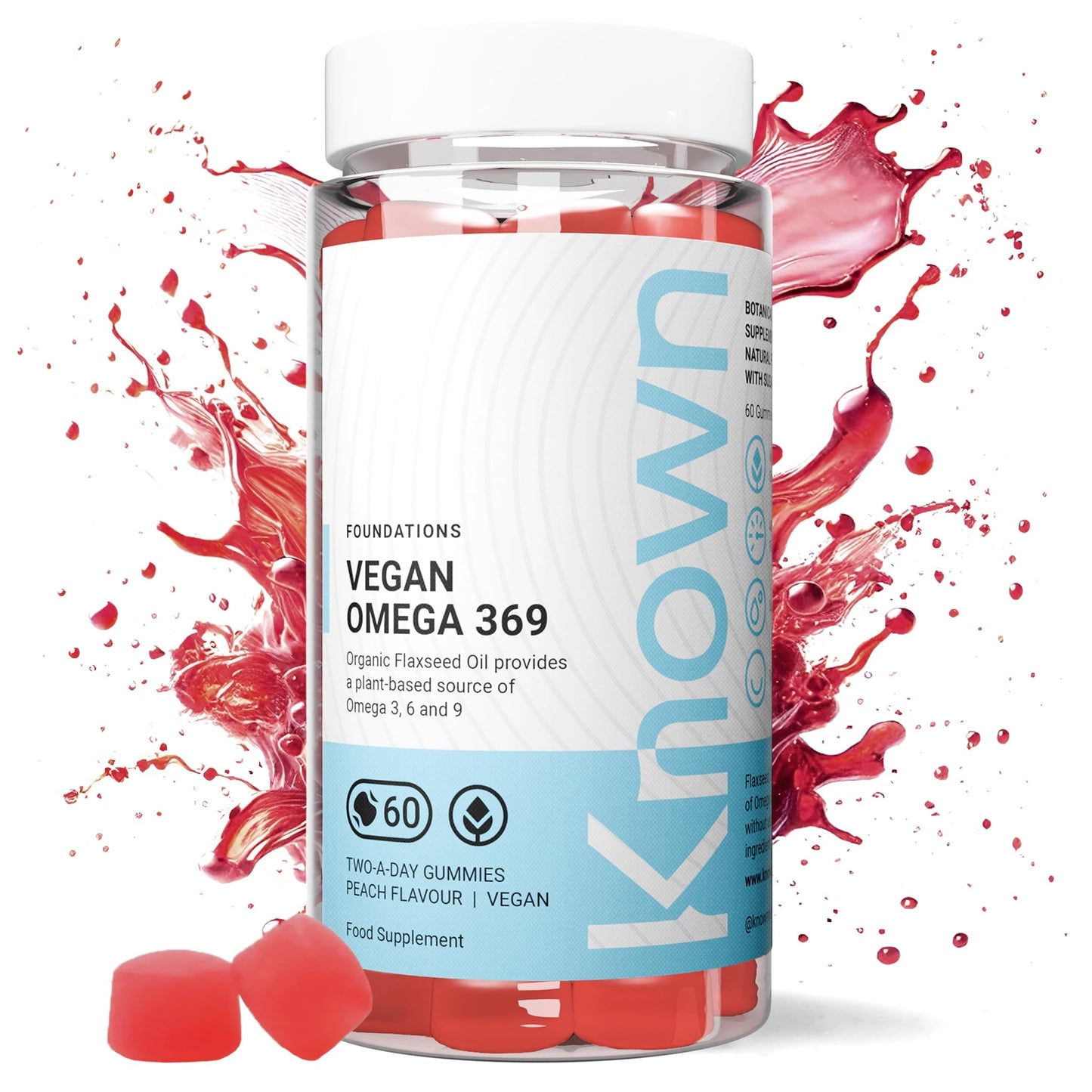 Known Vegan Omega 3-6-9 Gummies – Peach Flavour – 400mg Organic Flaxseed Oil – Chewable Gummy Supplement – Vegan Alternative to Fish Oil – 1 Month Supply – for Men & Women
