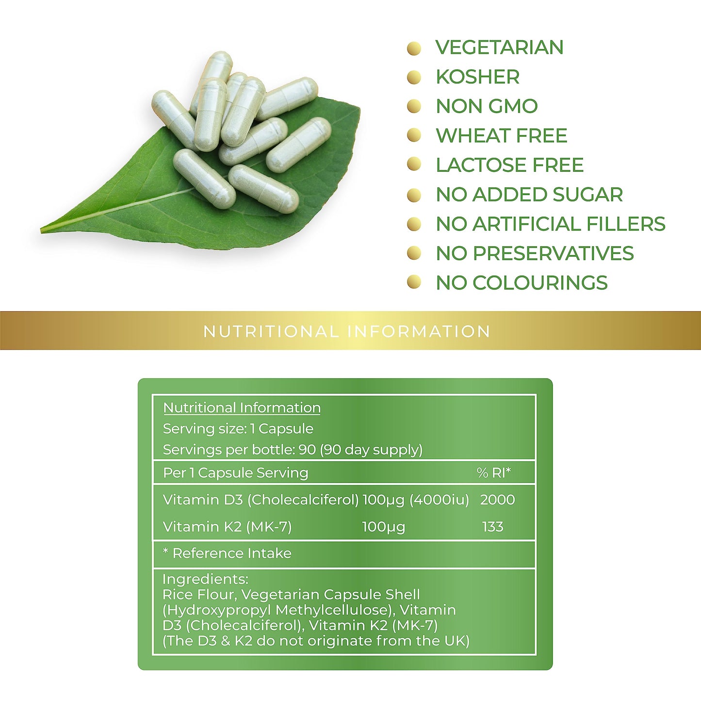 Lily Green Supplements Lily Green | Vitamin D3 4000iu & Vitamin K2 100μg (MK-7) | 90 Vegetarian Capsules - 3 Months Supply | Immune Support, Muscle Function, Bones & Teeth | No Artificial Additives | Made in UK