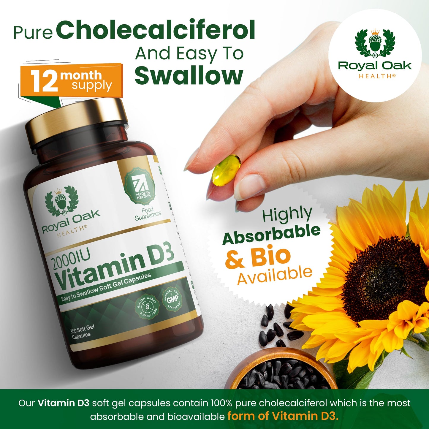 Royal Oak Health Vitamin D3 2000iu (Cholecalciferol) x360 Soft Gel Capsules / 12 Month Supply - High Strength Easy to Swallow Vitamin D Tablet Alternative Supplement for Immune, Muscle, Bones & Teeth