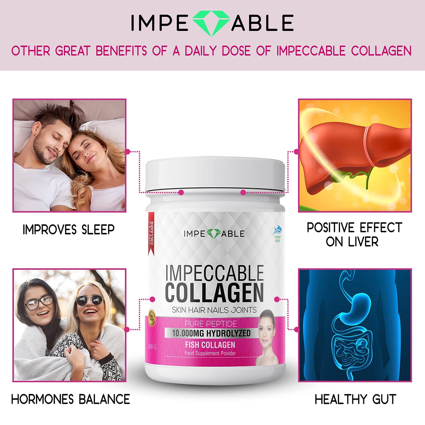 IMPECCABLE Collagen Premium 10.000 mg Pure peptide hydrolyzed Marine Collagen Powder| Nails & Skin|Healthy Joints |Hair Growth| Wild Caught| Supplements for Women and Man|300 gr 30 Days’ Supply
