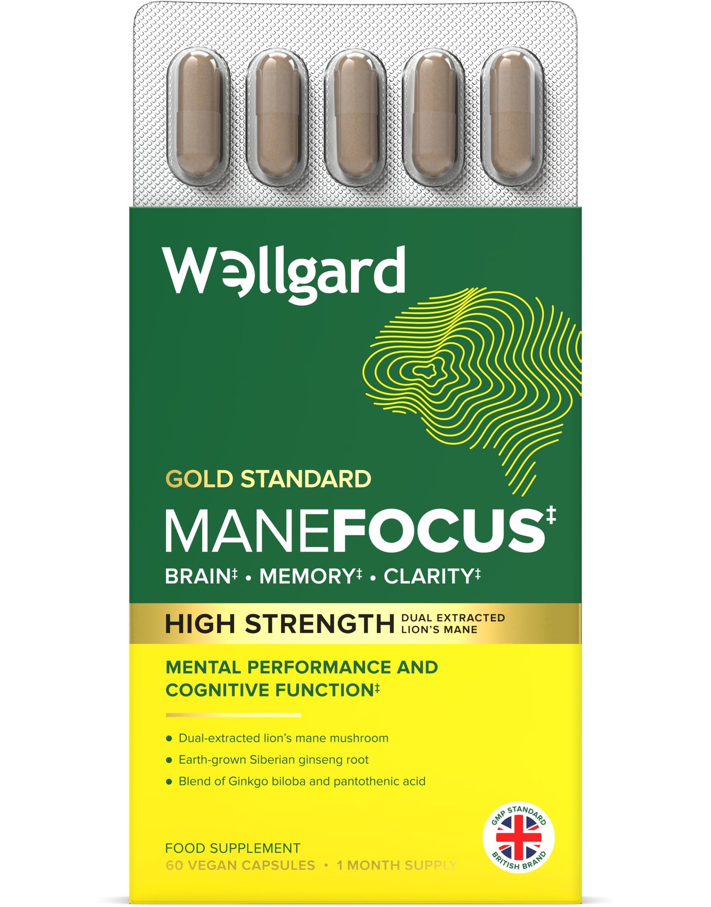 Wellgard Manefocus – High Absorption Lions Mane Supplement for Mental Performance, Brain Health, Memory, Clarity, 60 Capsules
