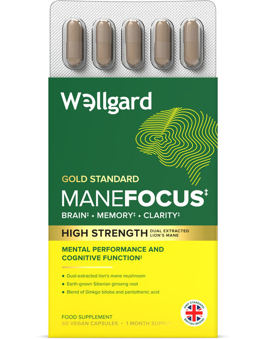 Wellgard Manefocus – High Absorption Lions Mane Supplement for Mental Performance, Brain Health, Memory, Clarity, 60 Capsules