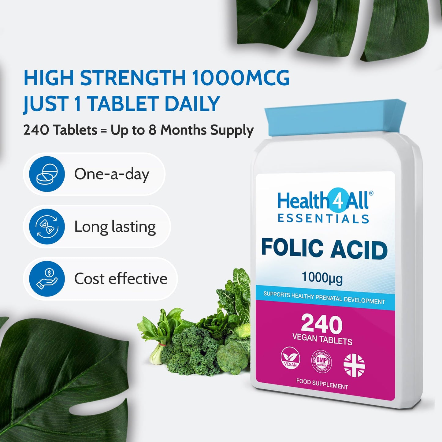 Health4All Folic Acid 1000mcg 240 Tablets, 8 Month Supply, Pregnancy & Energy Support