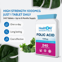 Health4All Folic Acid 1000mcg 240 Tablets, 8 Month Supply, Pregnancy & Energy Support