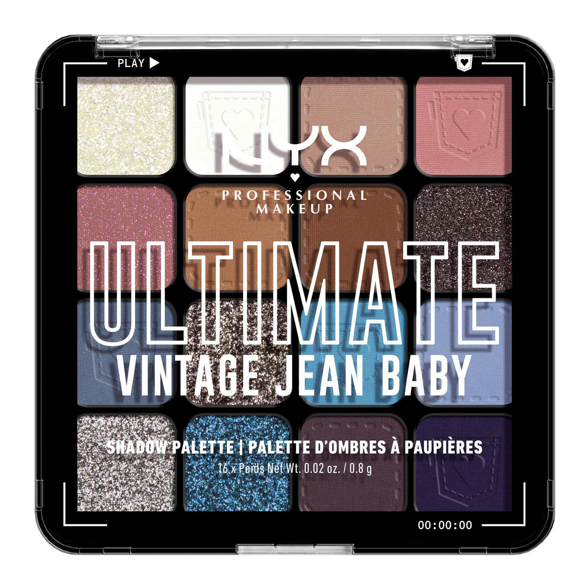 NYX PROFESSIONAL MAKEUP NYX Professional Makeup Ultimate Shadow Palette, 16 Vibrant True-To-Pan Eyeshadow Shades, Metallics, Shimmers, Colours and Nudes in Pressed Pigments, Vegan, Vintage Jean Baby, 0.8 g