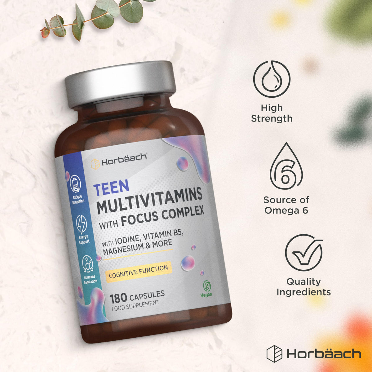 Horbäach Multivitamin Tablets for Teenagers with Focus Complex | 180 Capsules | High Strength Complex with Vitamin B6, B5, Magnesium, Iron and Zinc | Vegan Supplement for Teens 13+ | By Horbaach