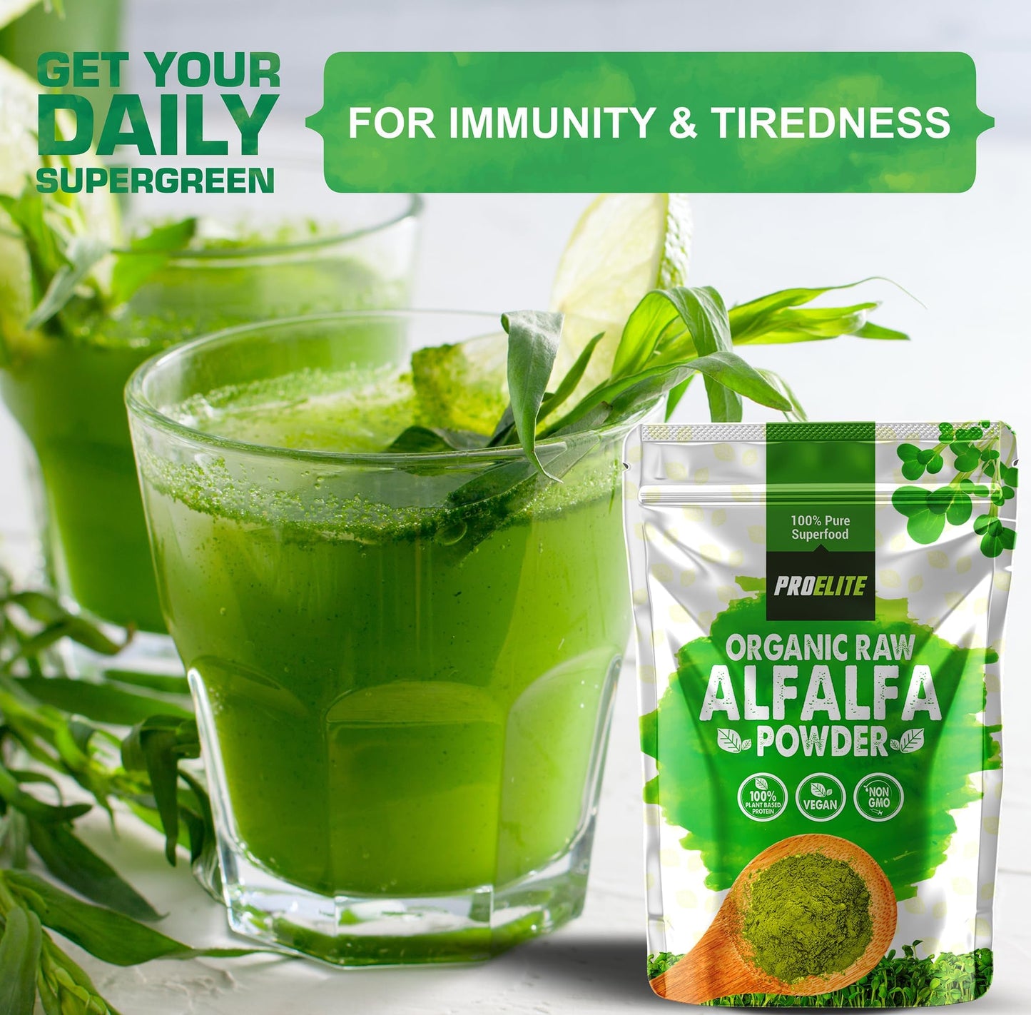 Organic Alfalfa Powder 250g Support Energy and Stress, Vegan Keto Green Superfood Supergreen Raw Natural Alfalfa Powder Juice Shots PROELITE
