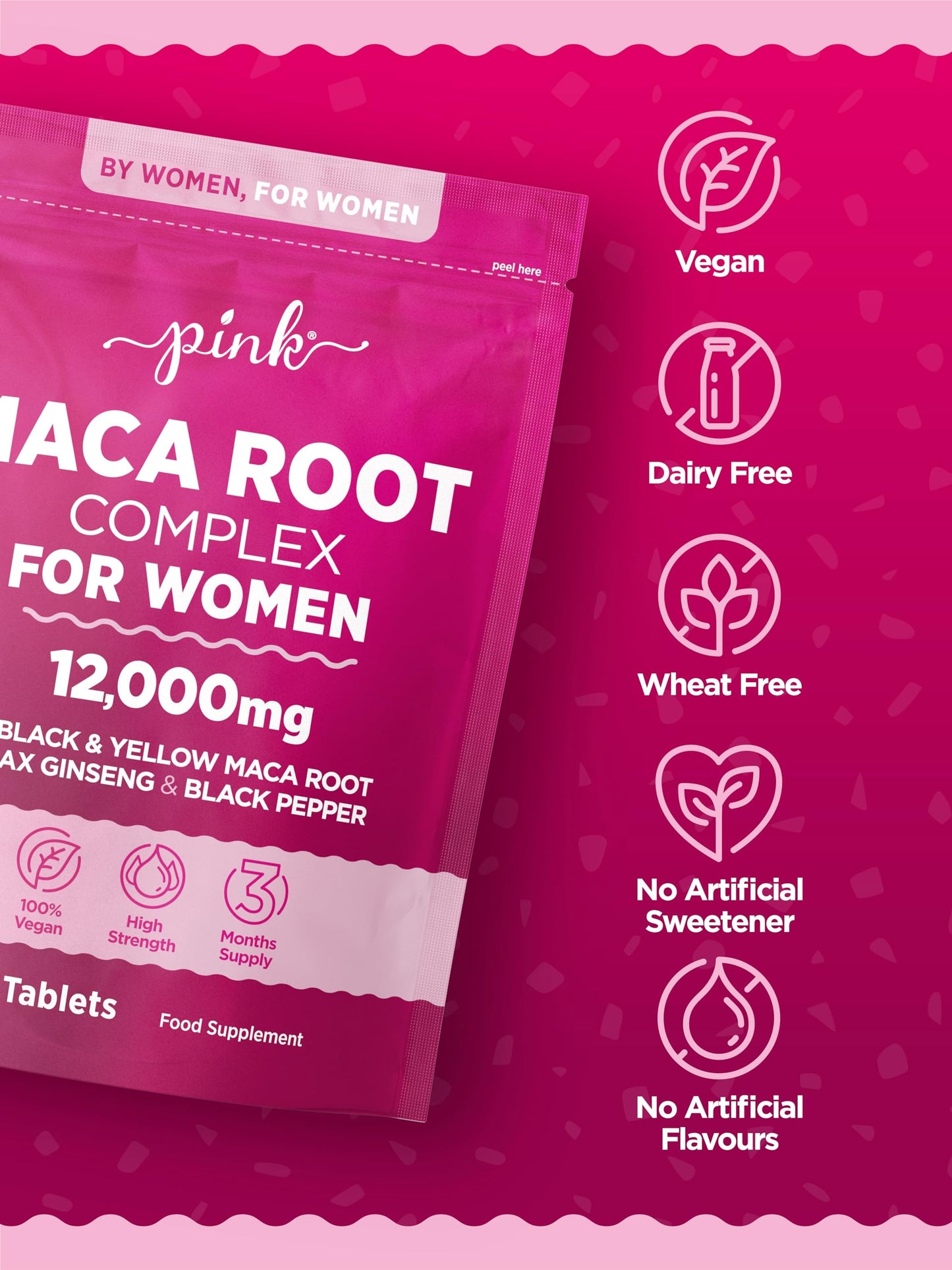 Maca Root Capsules for Women 12,000mg | High Strength Black & Yellow Maca Root with Panax Ginseng and Black Pepper | Botanical Supplement to Support Women's Health | by PINK