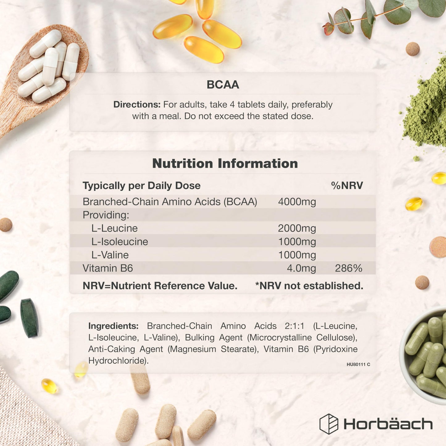 Horbäach BCAA Tablets | 4000mg BCAA per Serving | 3 Months Supply | Essential Amino Acid Supplement with Vitamin B6 | 365 Vegan Tablets | BCAA Powder and Capsules Alternative Pre Workout | by Horbaach