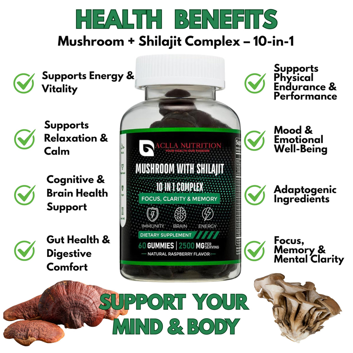 Aclla Nutrition Aclla Mushroom Gummies with Shilajit – 10-in-1 Complex with Lion’s Mane, Reishi, Chaga & More – 2500mg – Brain, Energy & Immune Support – Vegan, Low Sugar, Non-GMO – 60 Raspberry Flavour