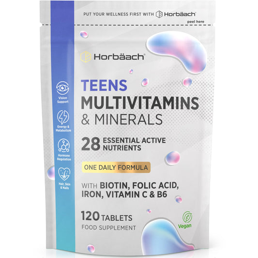 Horbäach Teen Multivitamin | 120 Vegan Tablets | One-a-Day Formula | 28 Nutrients with Biotin, Folic Acid, Iron, Vitamin C & B6 | Multivitamin Support for Teenage Boys & Girls | By Horbaach