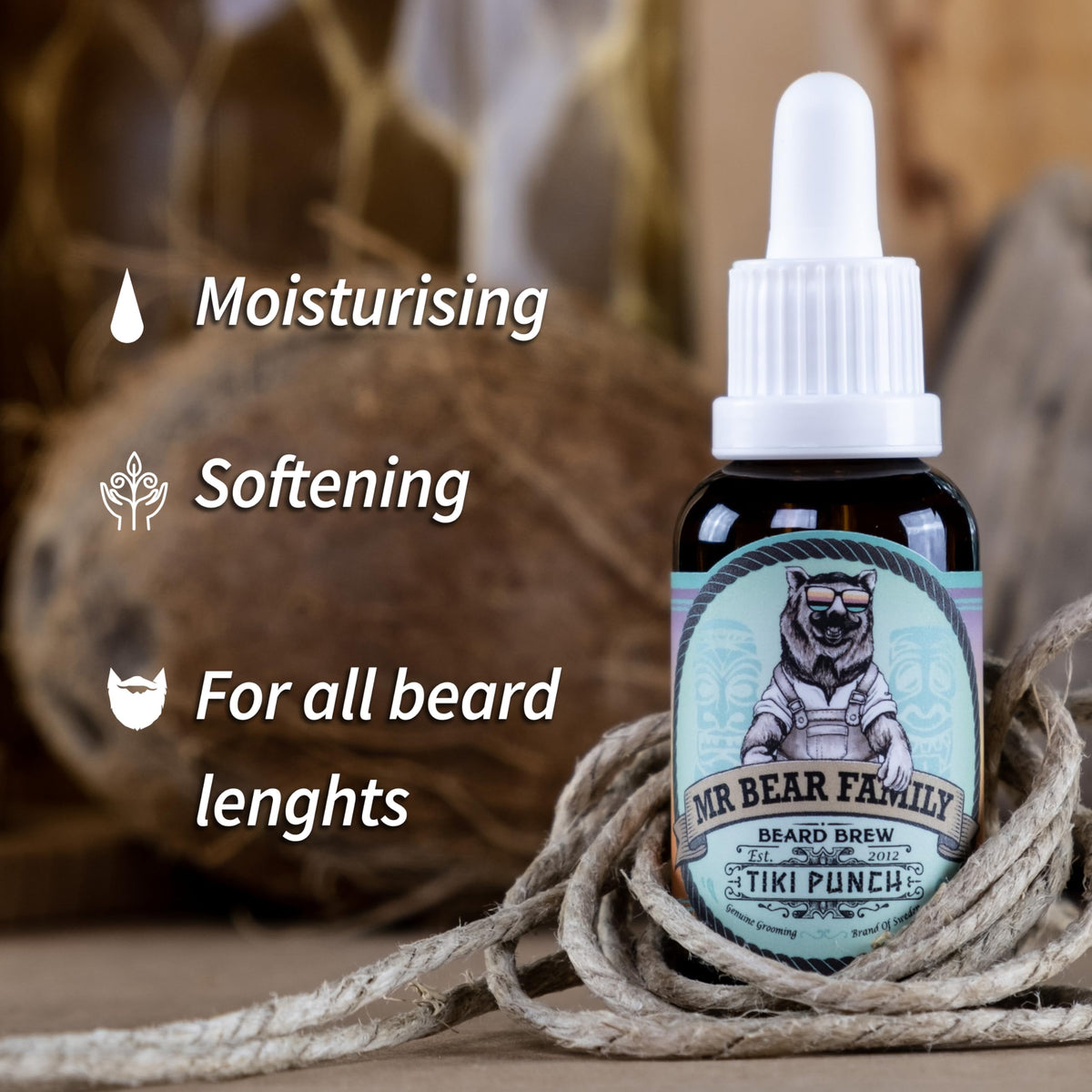Mr Bear Family Natural Beard Oil for Men – Scented Beard Moisturiser Oil Contains Hydrating Jojoba + Argan Oils – Nourishing Mens Beards Softener for Healthier Hair Growth (Tikki Punch, 30ml)