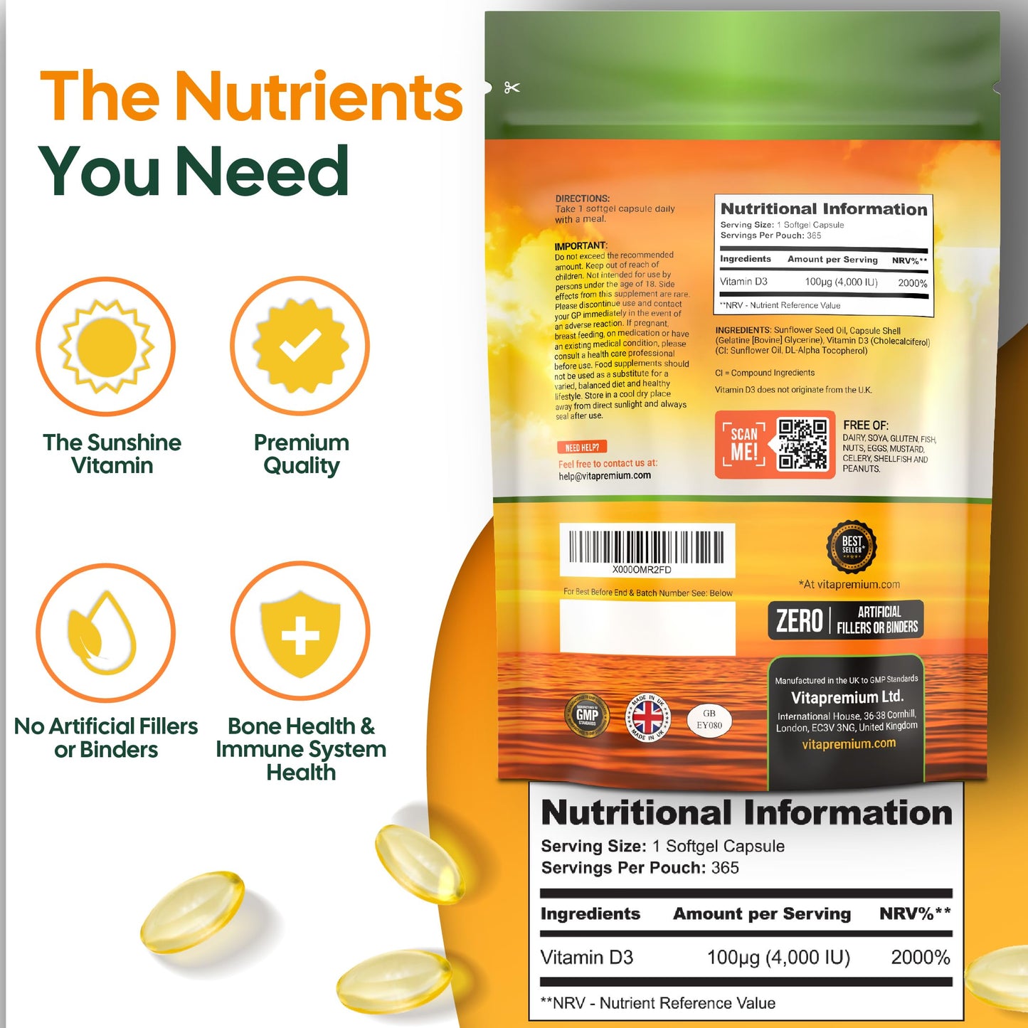 VitaPremium Vitamin D 4,000 IU Gel Capsules, High Strength Vitamin D3 Supplement, 365 Easy to Swallow Tablets - Full Year Supply