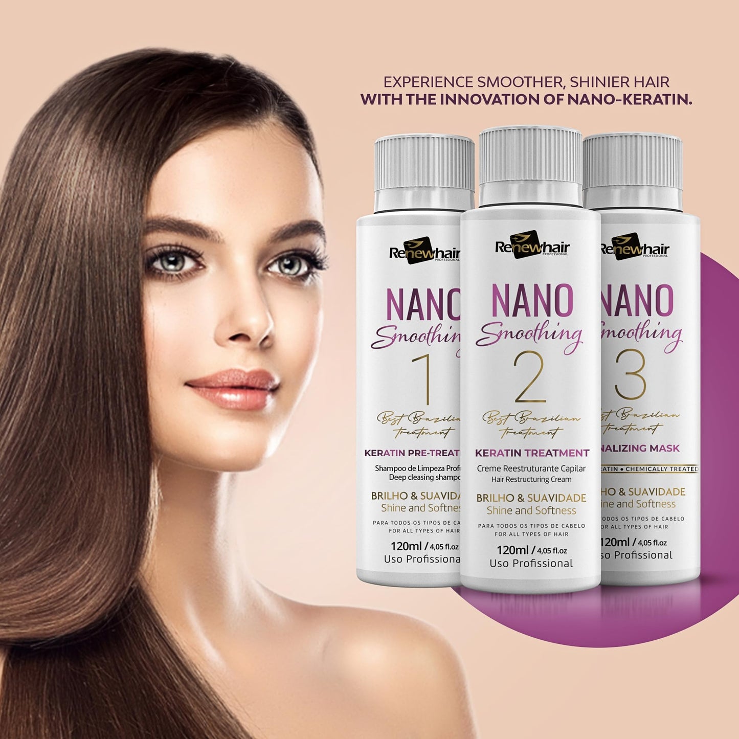 RENEW HAIR PROFESSIONAL NANO Smoothing System Hair Straightening Brazilian Treatment Hair Straightening ,Smooths, Strengthens, Softens Formaldhendy Free Keratin Smooth Renew , Vegan 3x 120ml