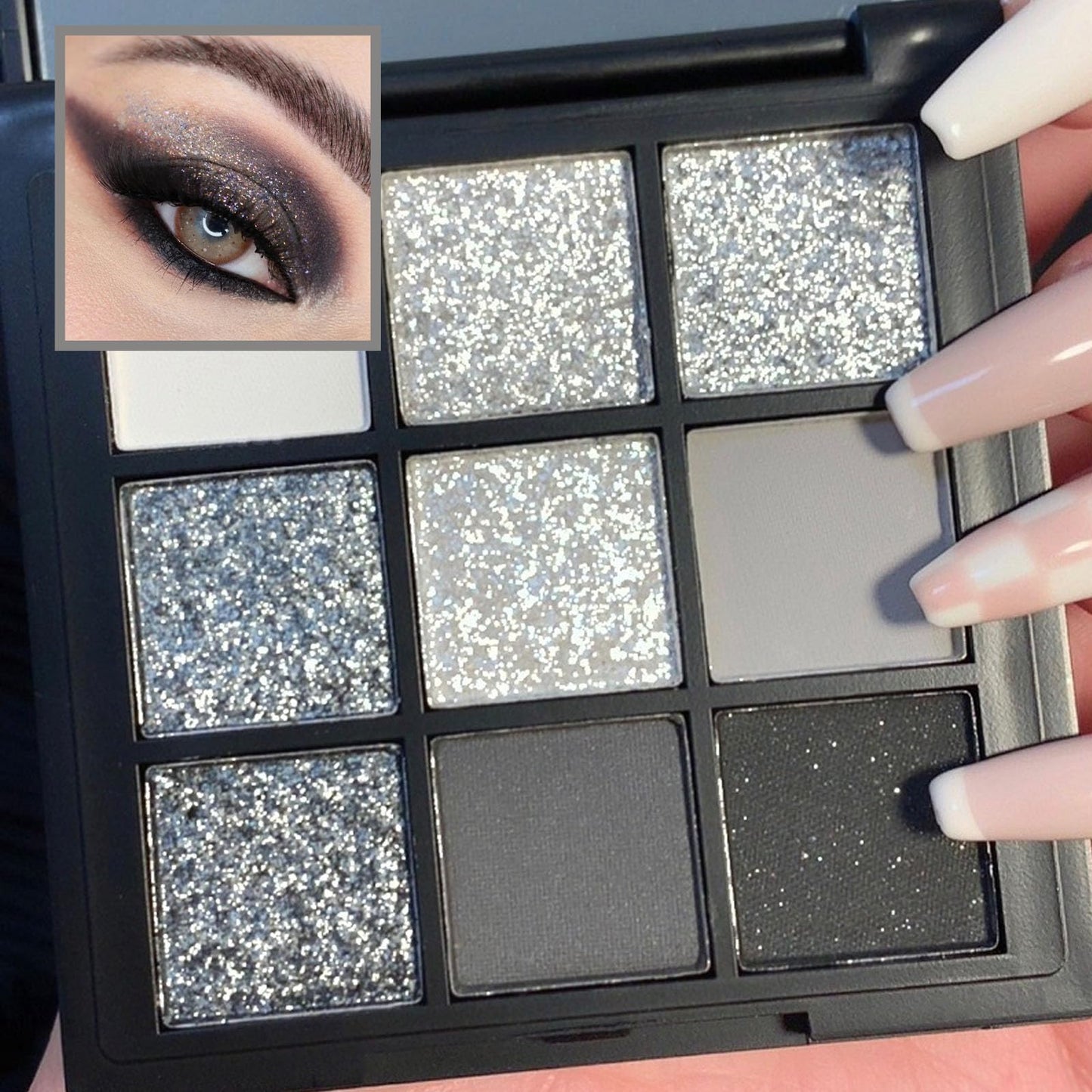 LYNTYAOU Black Smoky Eyeshadow Palette, Matte Glitter Eye Shadow Pallets, 9 Colour Grey Eye Makeup for Women, Cool Girl Eyeshadows Gothic Style, Highly Pigmented Gifts