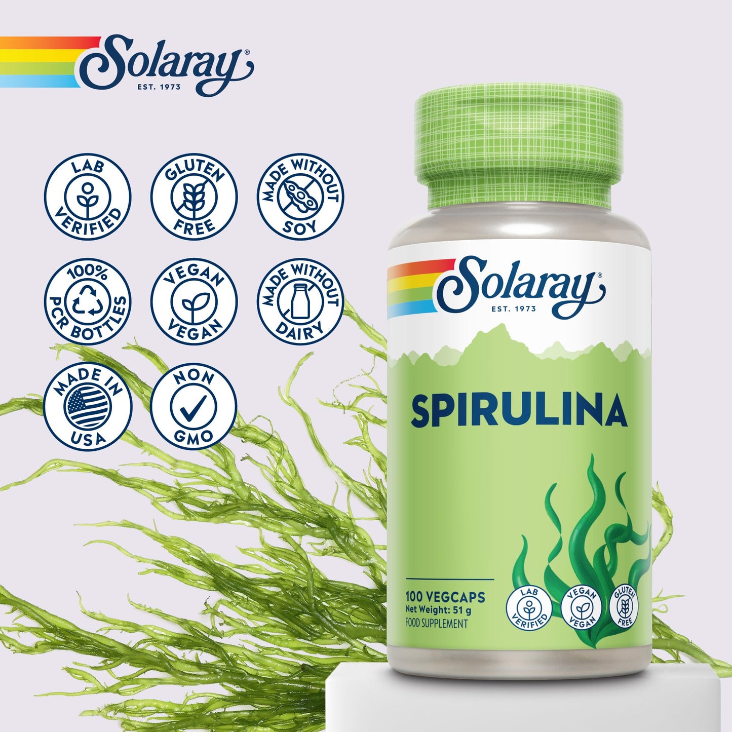 SOLARAY Spirulina Algae - 100 Vegan Capsules not Tablets or Powder - High Strength Spirulina Supplement with Added Vitamin A 70mcg - Lab Verified - Solaray