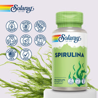 SOLARAY Spirulina Algae - 100 Vegan Capsules not Tablets or Powder - High Strength Spirulina Supplement with Added Vitamin A 70mcg - Lab Verified - Solaray