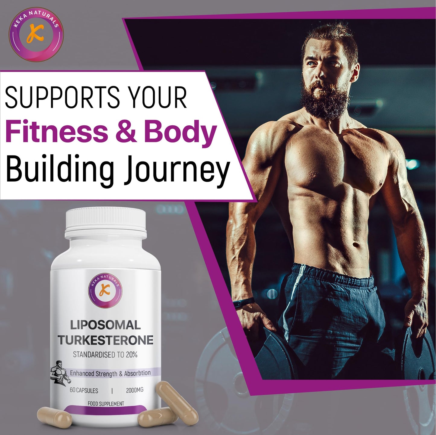Keka Naturals Liposomal Turkesterone 2000mg, 60 Capsules, Standardised to 20%, Ajuga Turkestanica Extract, Ultra High Absorption, Strength & Muscle, No Additives, Non-GMO, 60 Capsules