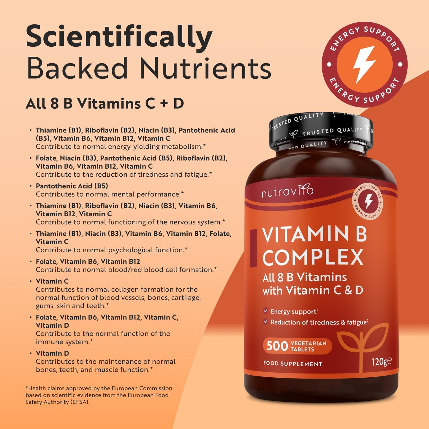 Nutravita Vitamin B Complex High Strength with Vitamin D + Vitamin C 500 Tablets for +1 Year of Supply, Energy-Yielding Metabolism - Reduction of Tiredness & Fatigue (EFSA) Made in the UK
