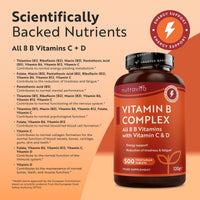 Nutravita Vitamin B Complex High Strength with Vitamin D + Vitamin C 500 Tablets for +1 Year of Supply, Energy-Yielding Metabolism - Reduction of Tiredness & Fatigue (EFSA) Made in the UK