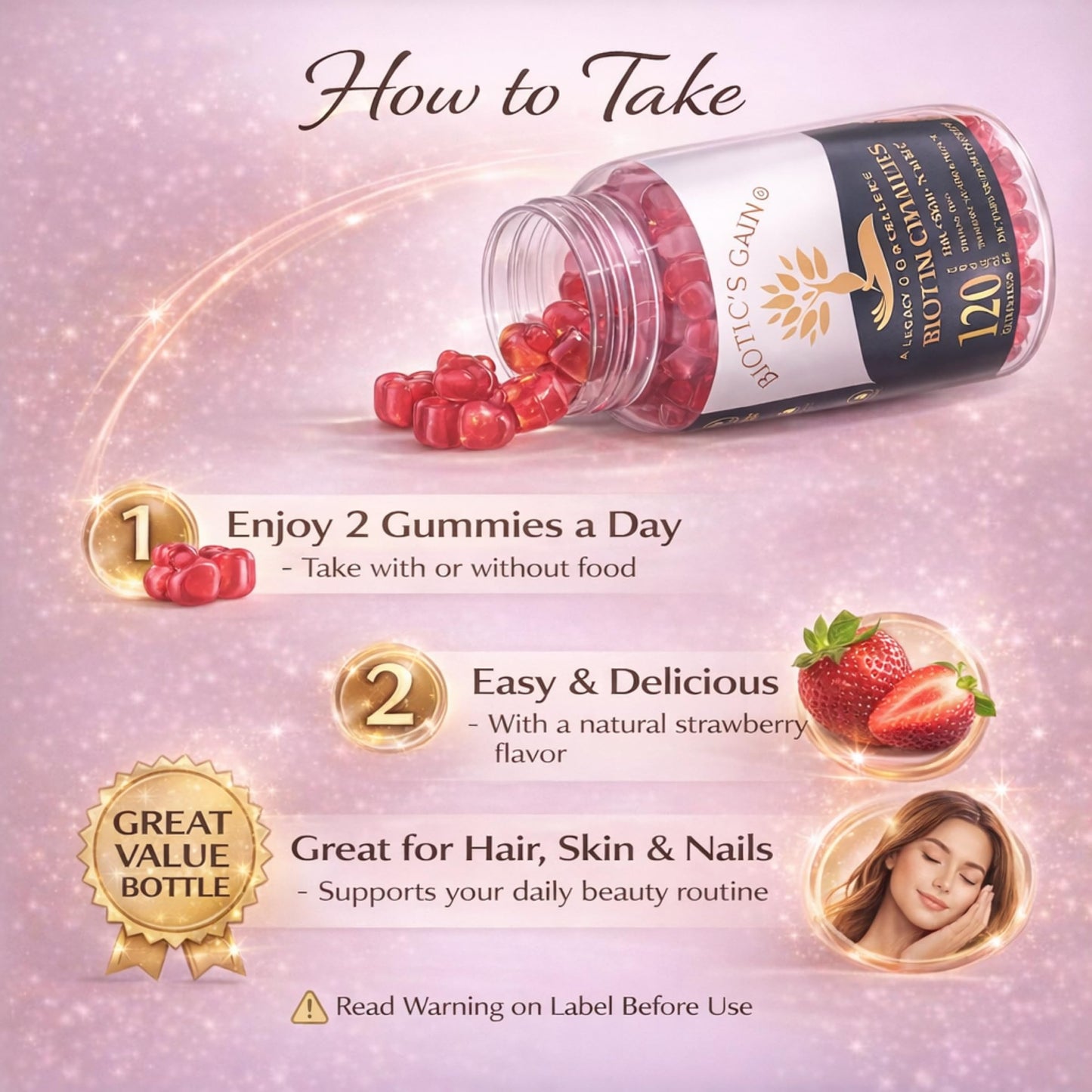 Biotic's Gain Biotin Gummies 10000 mcg – Hair Skin & Nails Vitamins with Vitamins A C D E B6 B12 & Zinc, Vegan Sugar Free Hair Vitamins for Women & Men, 120 Gummies