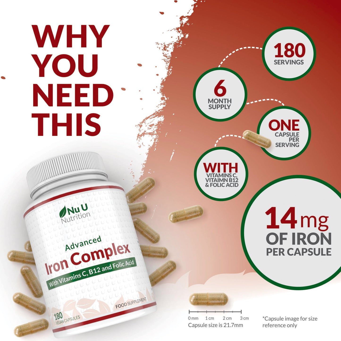 Gentle Iron Supplement for Women & Men - 180 High Strength Vegan Capsules - with Vitamin C, B12 & Folic Acid - 6 Month Supply - from Ferrous Fumarate - Made in The UK - Nu U Nutrition