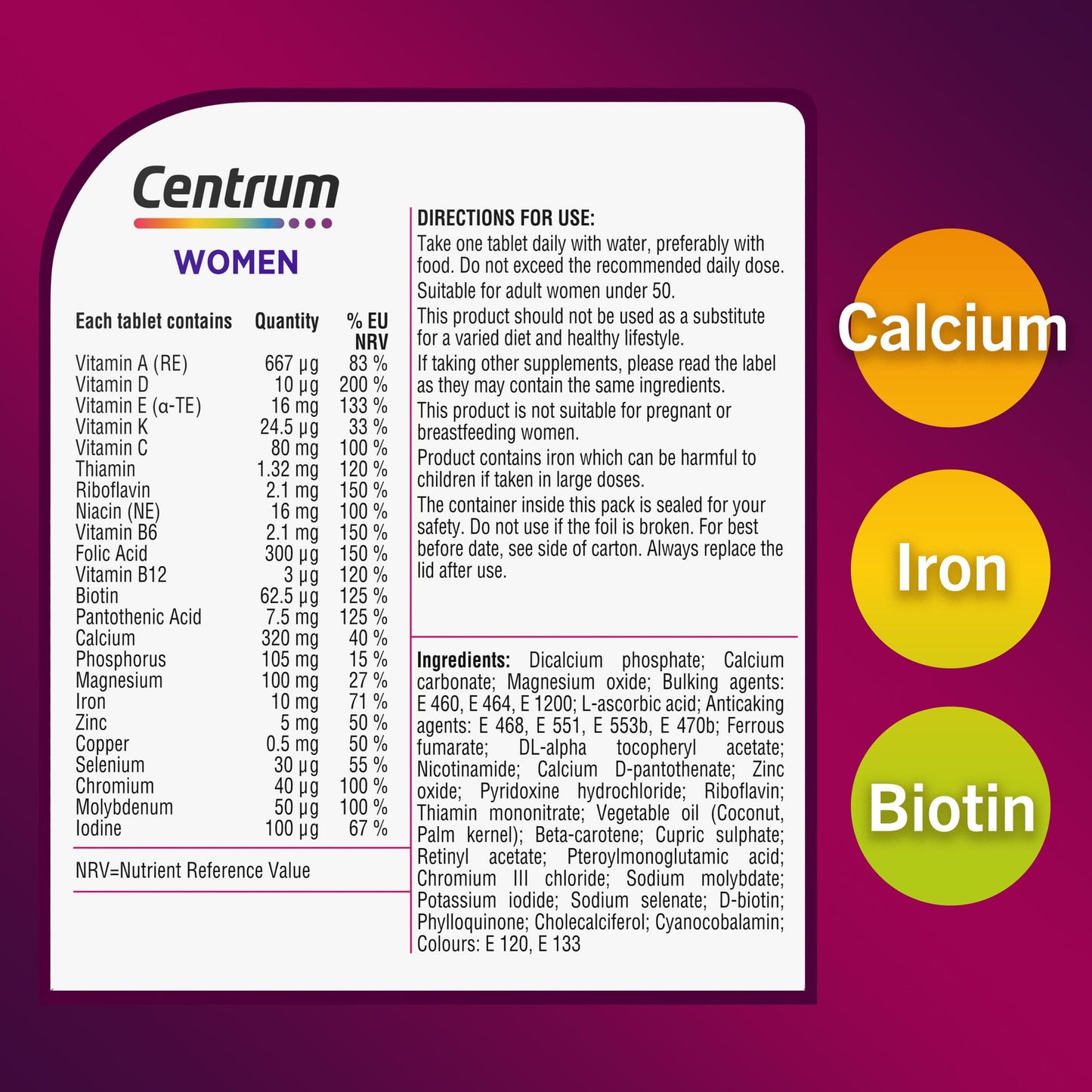 Centrum Women Tablets Multivitamin & Mineral Supplements, with 23 essential nutrients including vitamin D, C, and Iron, 60 ct