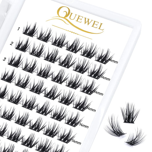 Cluster Lashes QUEWEL 72 Pcs Wide Stem Individual Lashes C/D Curl 8-16mm Length DIY Eyelash Extension False Eyelashes Soft for Personal Makeup Use at Home (Fluffy02-C-14)