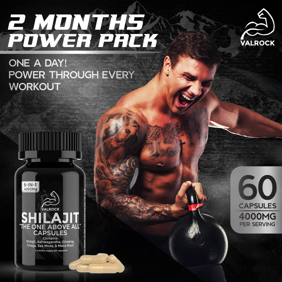 Valrock Shilajit 6-in-1 Capsules 4,000mg - 60 Days - Added Ashwagandha, Maca Root, Chaga, Ginseng & Sea Moss - High Strength Muscle Building & Performance Capsules for Men & Women