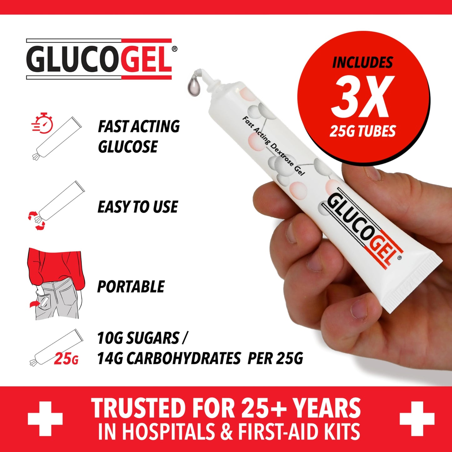 Glucogel GlucoGel Fast Acting Glucose Energy Gel, Rapid Support for On-the-Go, Original Unflavoured, 10g of Glucose per Tube, 3 Count (Pack of 1)
