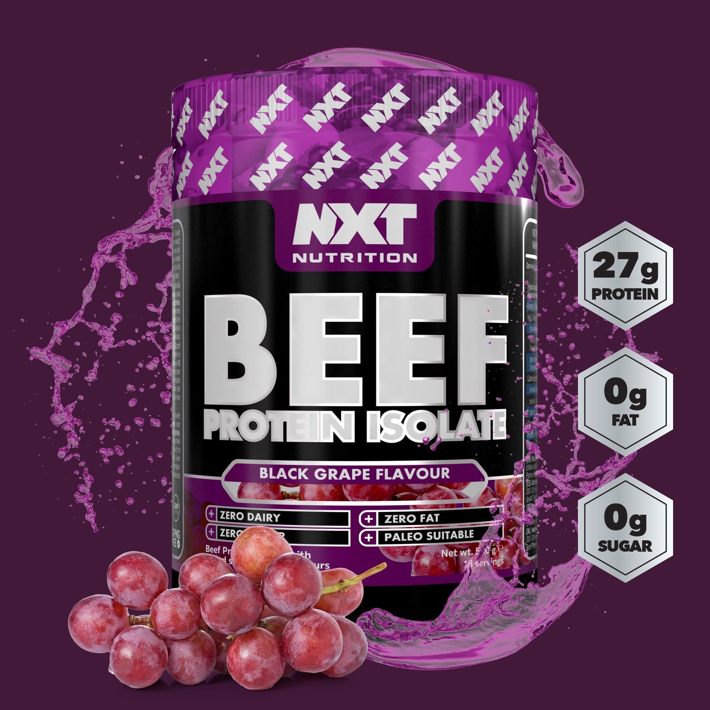 NXT Nutrition NXT Beef Protein Isolate 540g - High Protein Powder in Natural Amino Acids - Paleo, Keto Friendly - Dairy and Gluten Free | 540g (Black Grape)