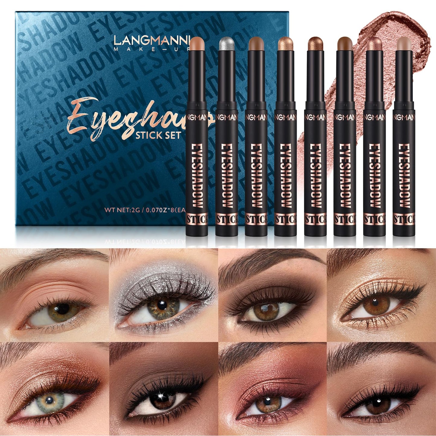 XINYUNXIN 8PCS Eyeshadow Stick Soft Creamy Matte Shimmer Eye Shadow Pencil Crayon Highlighting Pigmented Shiny Eyeshadow Pencil Waterproof Classy Shimmer Eye Shadow Sticks Set (A)