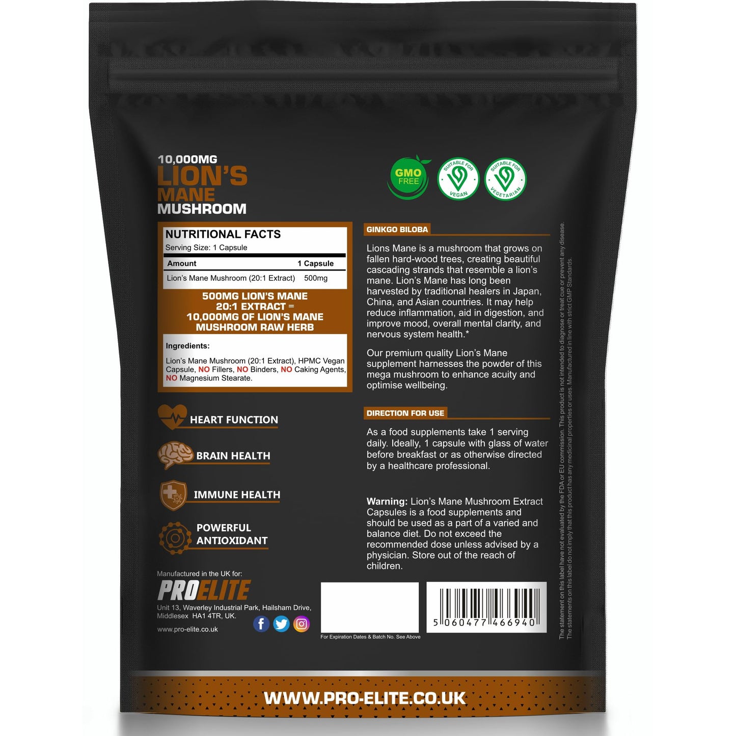 Lions Mane Mushroom Supplement 10,000mg - 120 Capsules Vegan High Strength 20:1 Extract � Lions Mane Capsule Not Powder or Tablets Made in The UK by PROELITE