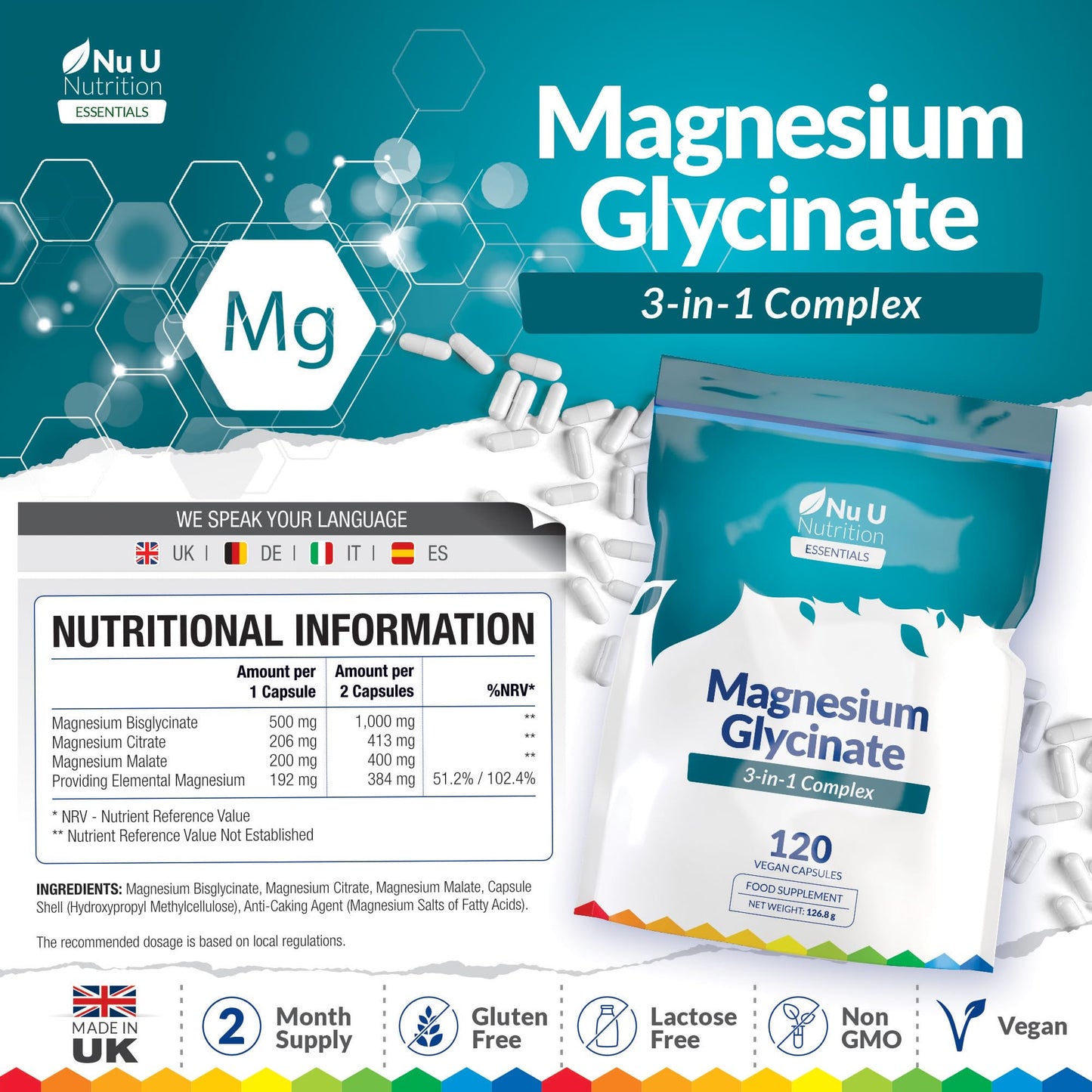 Magnesium Glycinate 3-in-1 Complex 1813mg - 120 Vegan Capsules - Triple High Absorption Bisglycinate, Citrate & Malate - 384mg Elemental Mag per Serving - Made in The UK - Nu U Nutrition