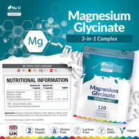 Magnesium Glycinate 3-in-1 Complex 1813mg - 120 Vegan Capsules - Triple High Absorption Bisglycinate, Citrate & Malate - 384mg Elemental Mag per Serving - Made in The UK - Nu U Nutrition