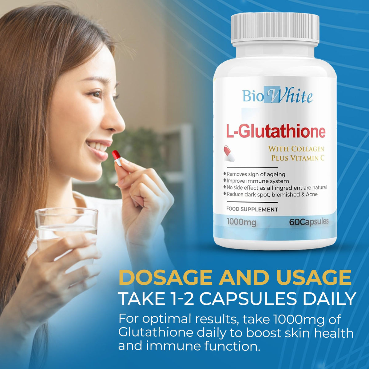 Bio White Glutathione Supplement - Natural Skin Whitening Anti-Aging Benefits and Improves Immunity, L-Glutathione Pills for Men & Women - Pure Antioxidant, 60 Capsules (1000mg)