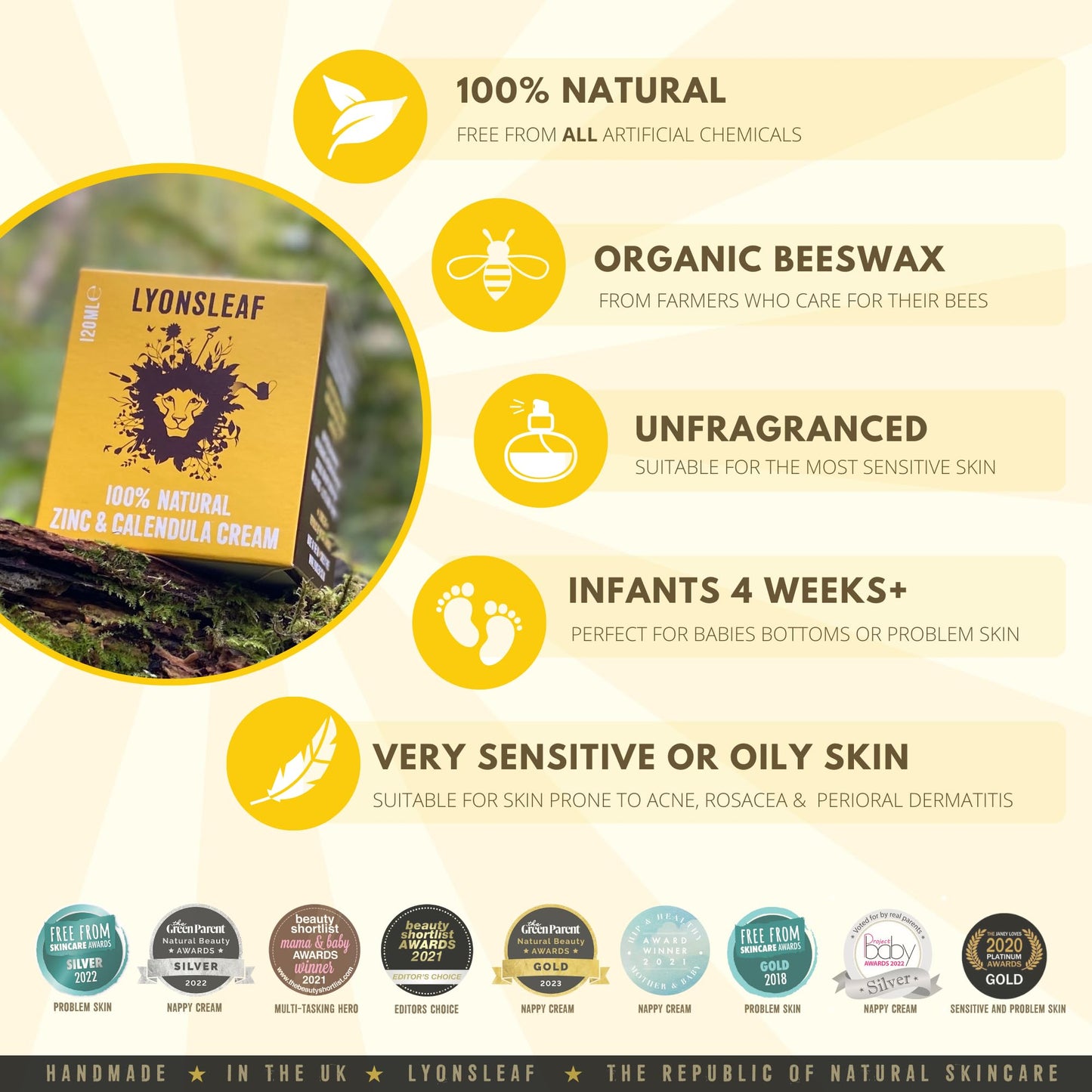 Lyonsleaf Zinc and Calendula Cream 100% Natural - for spots, blemishes, breakouts, rashes, acne, perioral dermatitis, rosacea and nappy rash 120ml