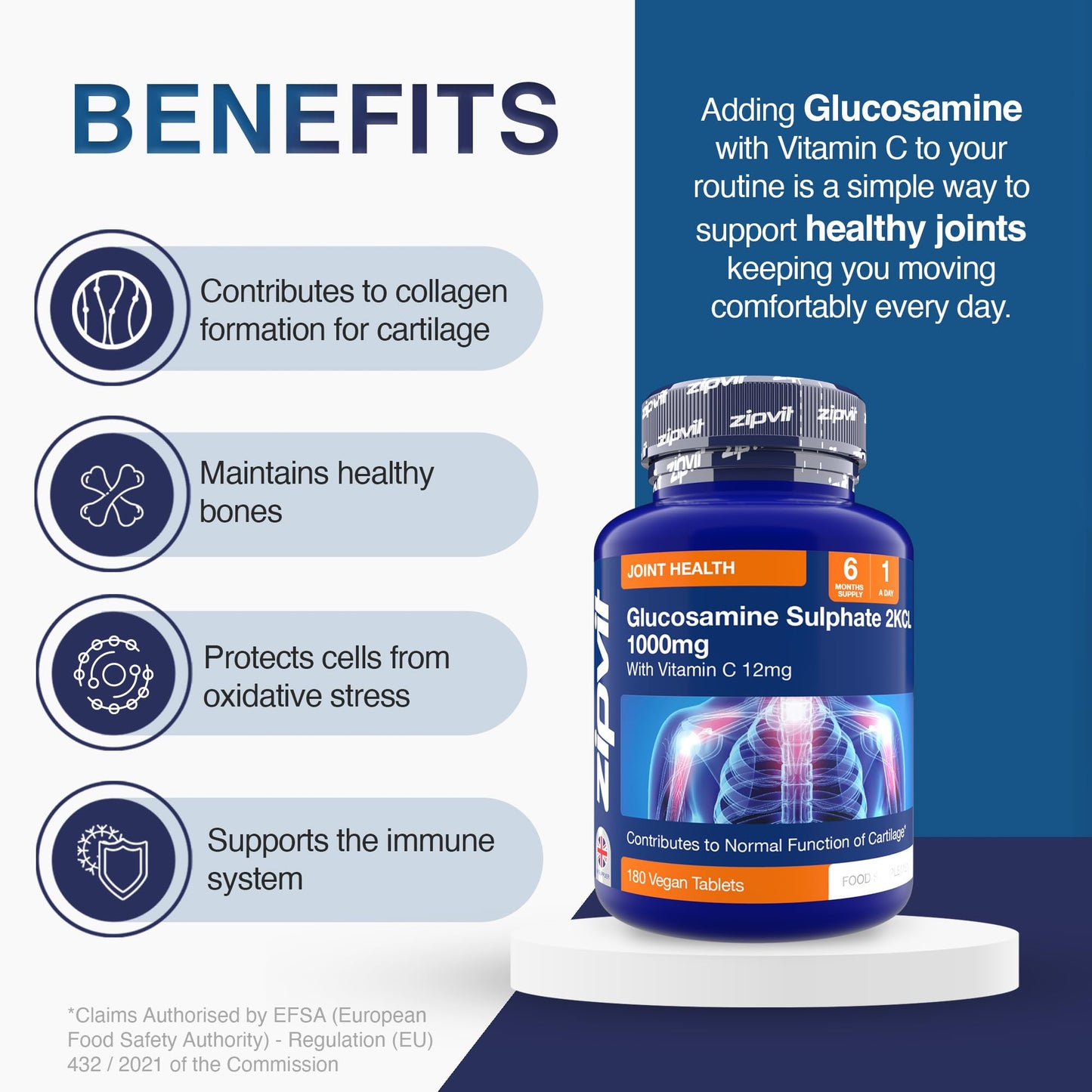 Zipvit Glucosamine Sulphate 2KCl 1000mg with Vitamin C, 180 Vegan Tablets, Supports Bones, Cartilage & Collagen, Reduces Tiredness & Fatigue, Joint Health Supplement, 6 Month Supply