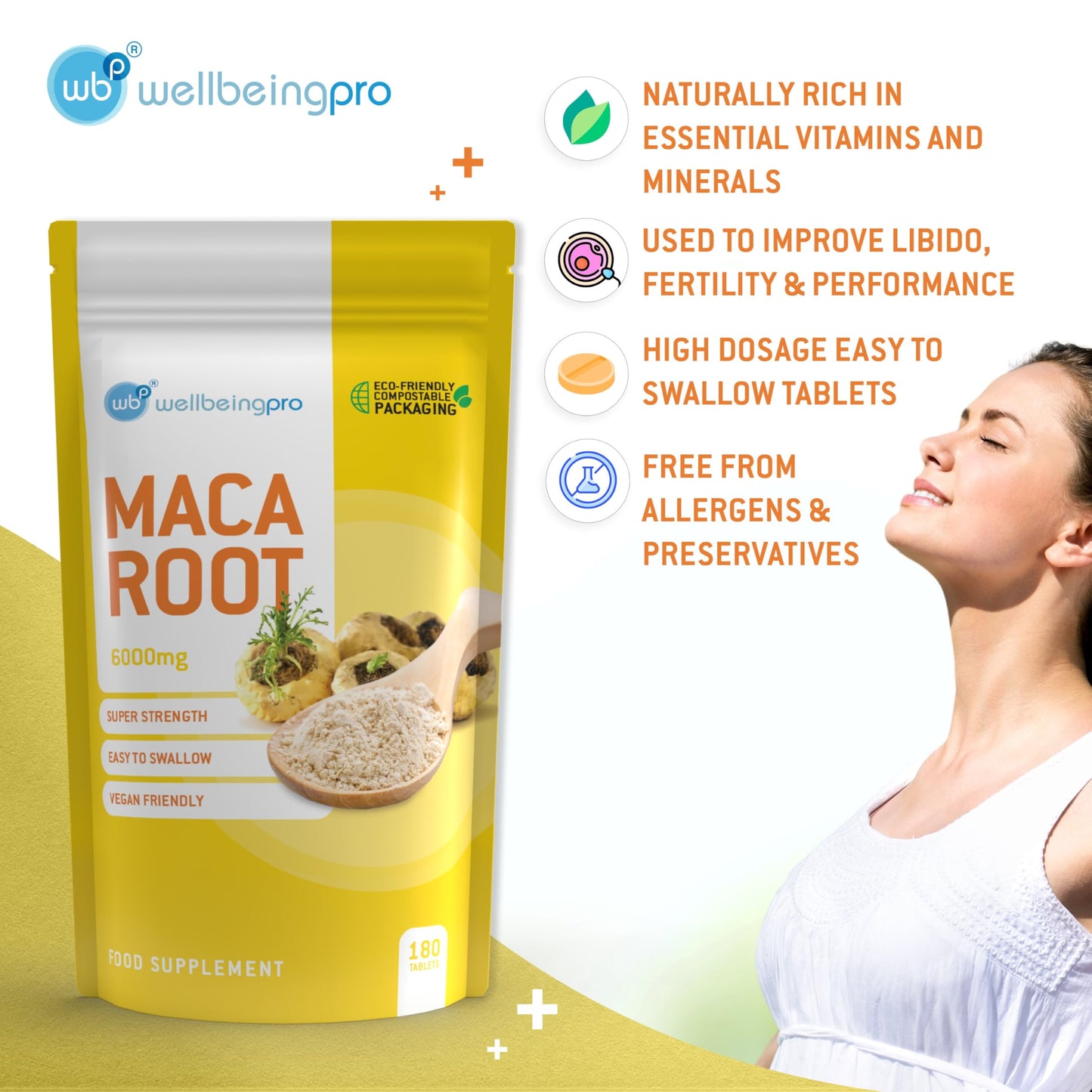 WBP Maca Root 6000mg Tablets (6 Month Supply) - Super Strength Vegan Extract - Eco & Letterbox-Friendly Compostable Packaging - Premium Quality GMP Certified Peruvian Maca Made in the UK - 180 Tablets