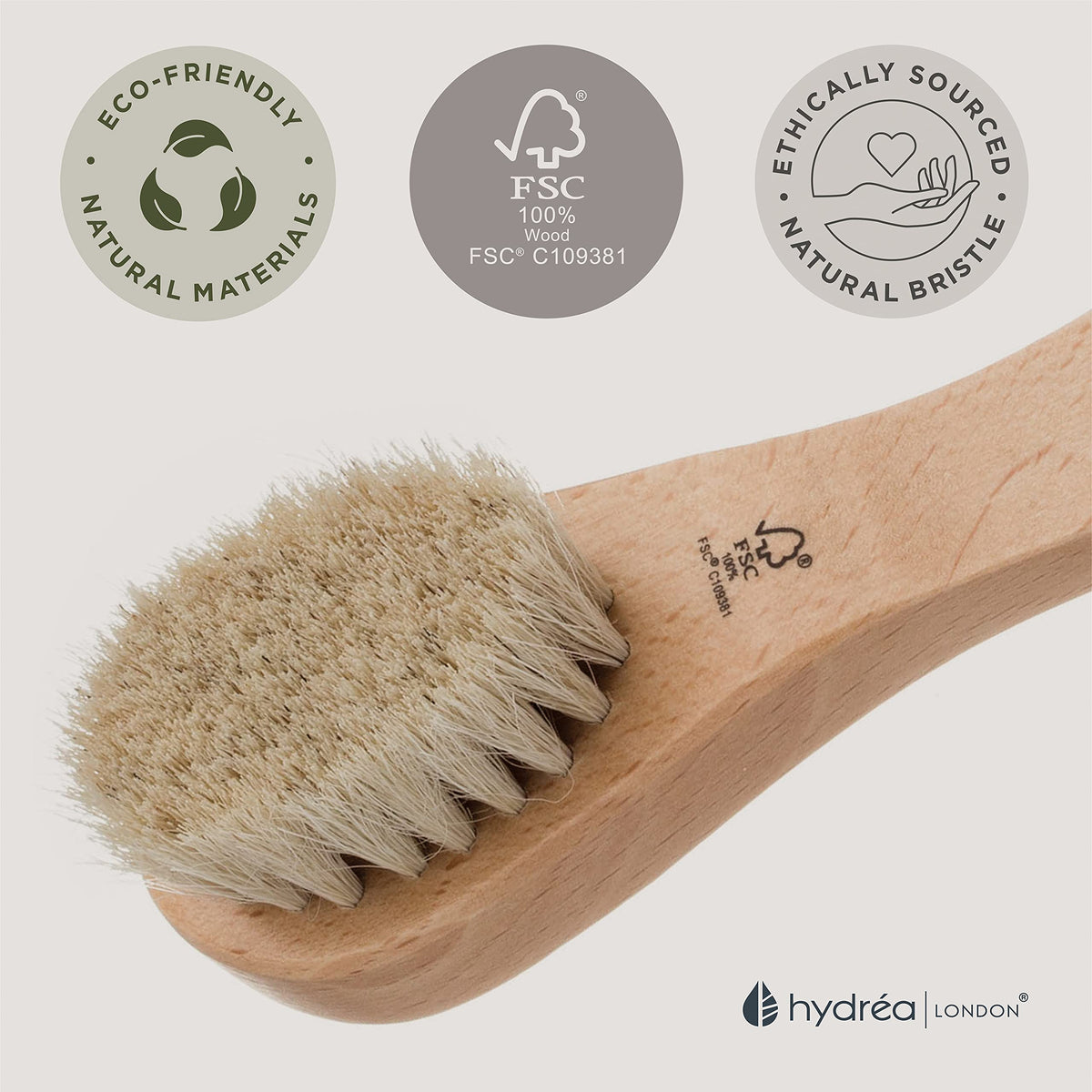 Hydrea London Face Brush - Natural Bristle Dry Facial Cleansing Skin Exfoliator, Gentle Scrub & Exfoliating, Helps Lymphatic Flow – FSC® Certified Beechwood.