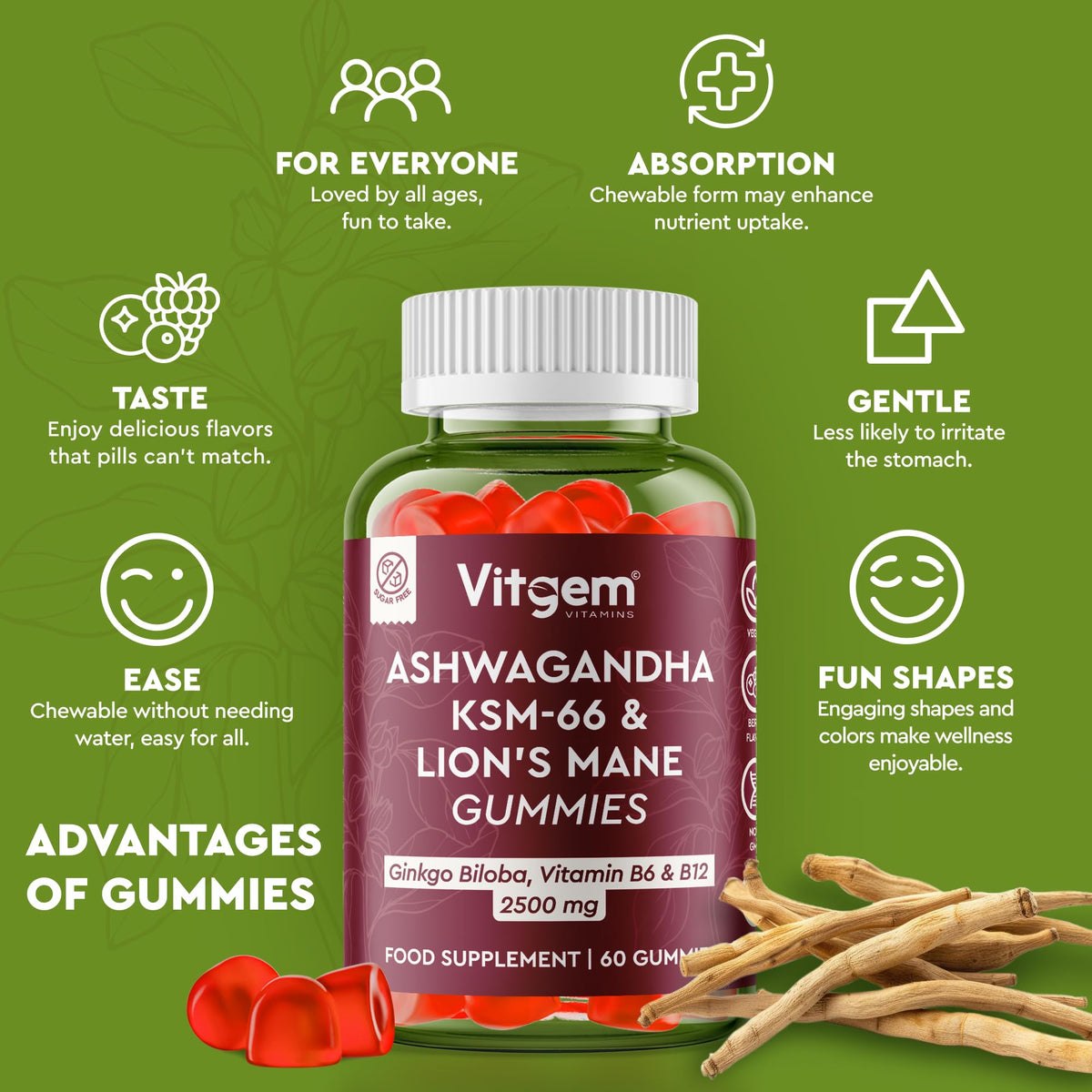 Vitgem 60 Chews KSM-66 Ashwagandha and Lions Mane Gummies for Adults – Sugar-Free Natural Nootropic for Focus, Memory & Stress Relief – Vegan Berry Flavor – Cognitive & Cortisol Balance Supplement