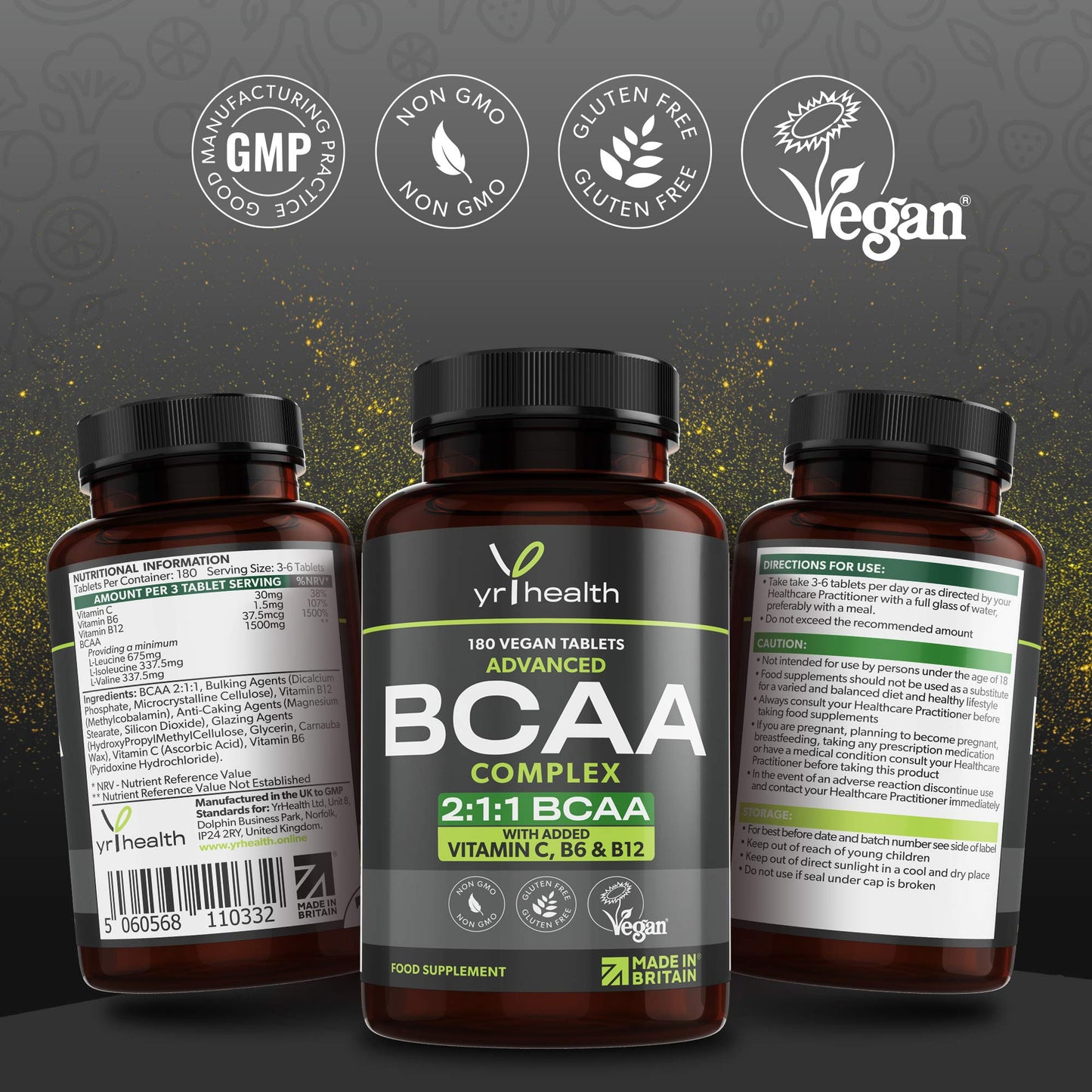 Vegan BCAA Tablets 1500mg - 2:1:1 BCAAs Branch Chain Amino Acids L-Leucine, L-Isoleucine, L-Valine with Vitamin B6, C & B12-180 Tablets not Capsules - Made in The UK by YrHealth