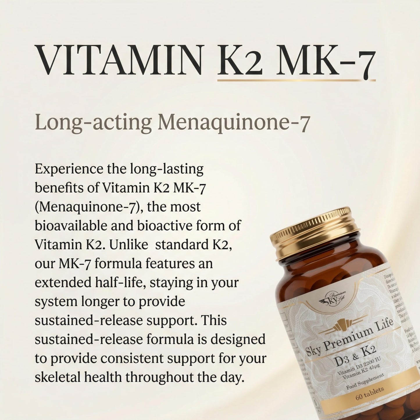 Sky Premium Life Vitamin D3 2200 IU (55µg) with Vitamin K2 MK7 (45µg) – Immune System, Bones, Teeth & Muscle Support – 1-A-Day Easy Swallow Tablets – 120 Tablets (4 Month Supply) – Halal & GMP Quality
