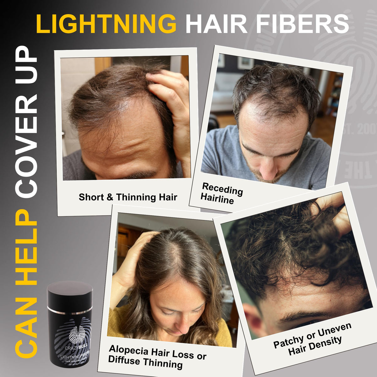CrazyBull Hair Building Fibre - Long-Lasting, Easy Apply Hair Fibre Concealer for Thinning Hair & Bald Spots - Vegan & Cruelty-Free Hair Thickening Fibre for Men & Women - Crazy Bull, 22g, Grey