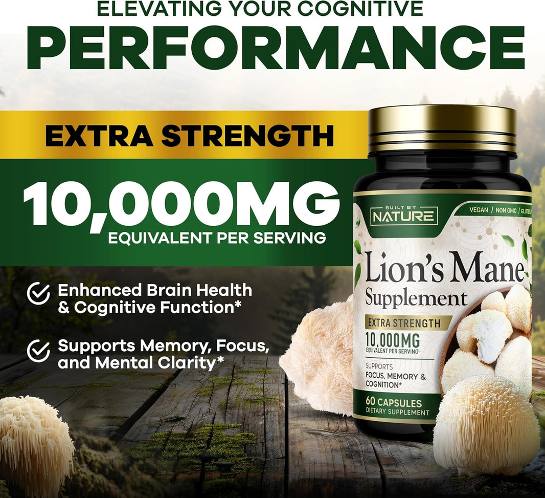 Built by Nature Lion’s Mane 10,000mg – Extra Strength Mushroom Supplement for Nootropic Brain Support - 60 Capsules