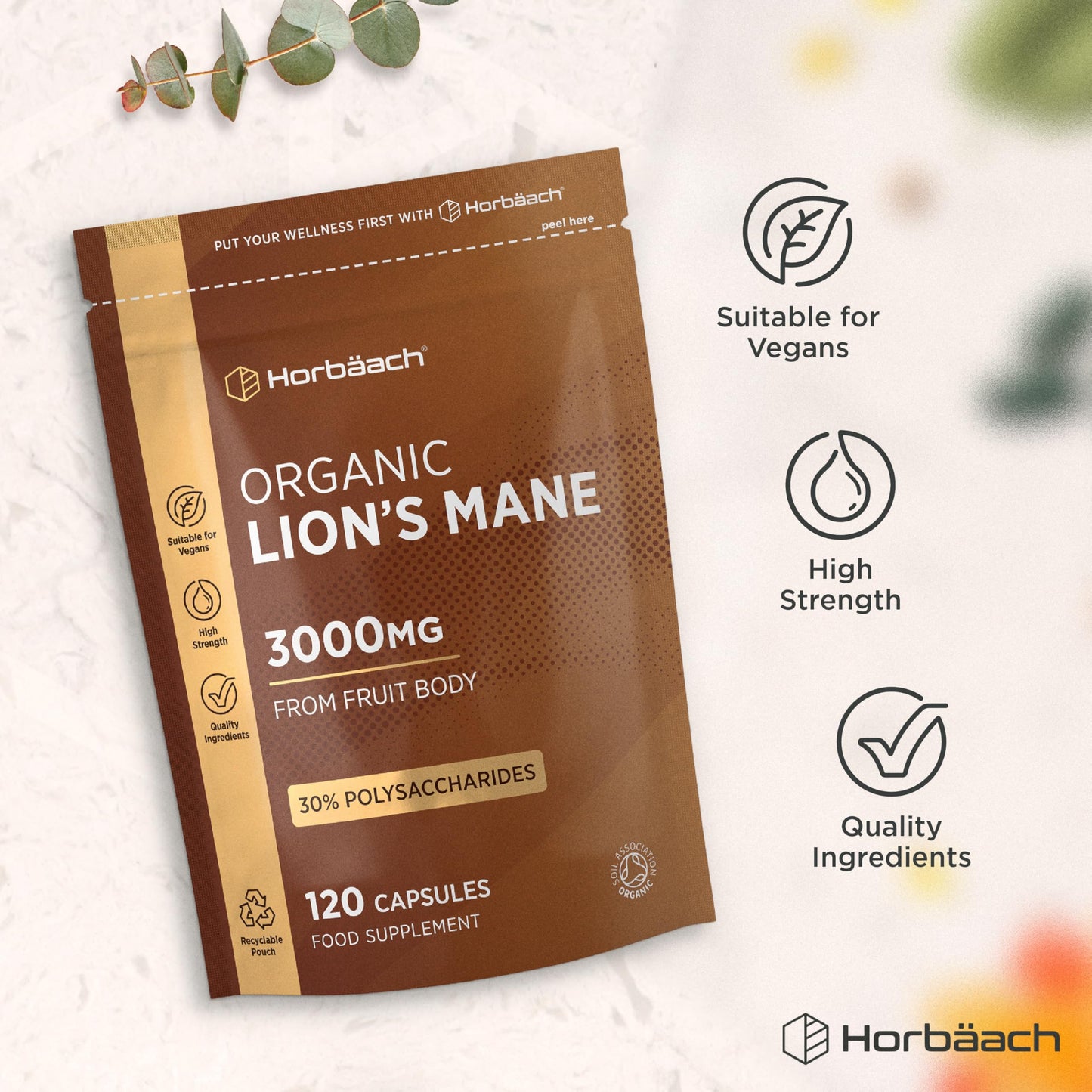 Horbäach Organic Lions Mane Supplement 3000mg | High Strength | Certified Organic by The Soil Association | Mushroom Fruiting Bodies Extract | 120 Vegan Capsules | by Horbaach