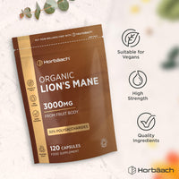 Horbäach Organic Lions Mane Supplement 3000mg | High Strength | Certified Organic by The Soil Association | Mushroom Fruiting Bodies Extract | 120 Vegan Capsules | by Horbaach